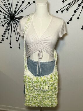 Y2K Crochet Shoulder Bag White Green Handmade Knit Tote Boho